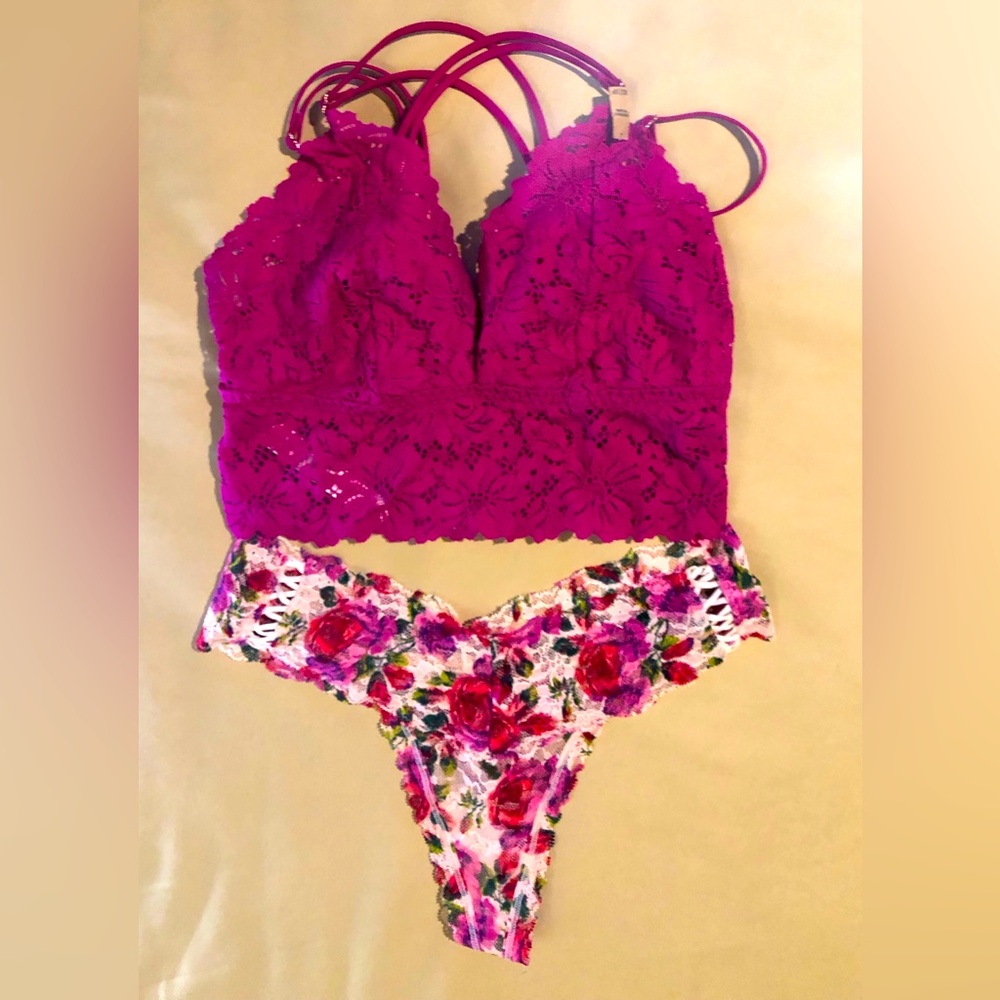 Lace Bralette and Floral Thong Set - Magenta and Multicolor